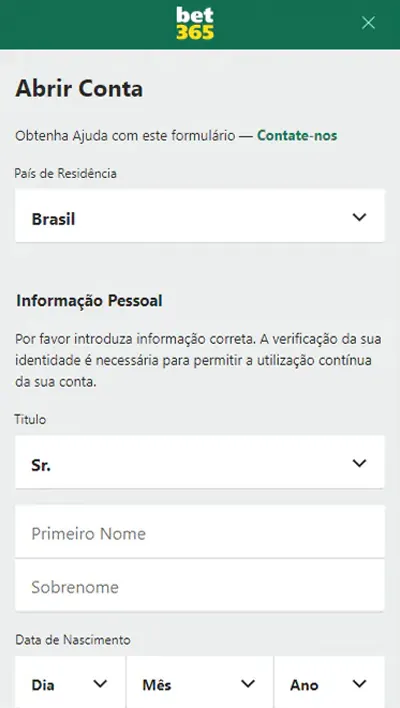Formulário de registro da Bet365