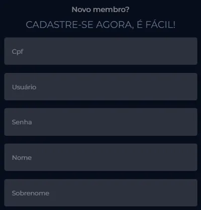 Formulário de registro no site da Playpix